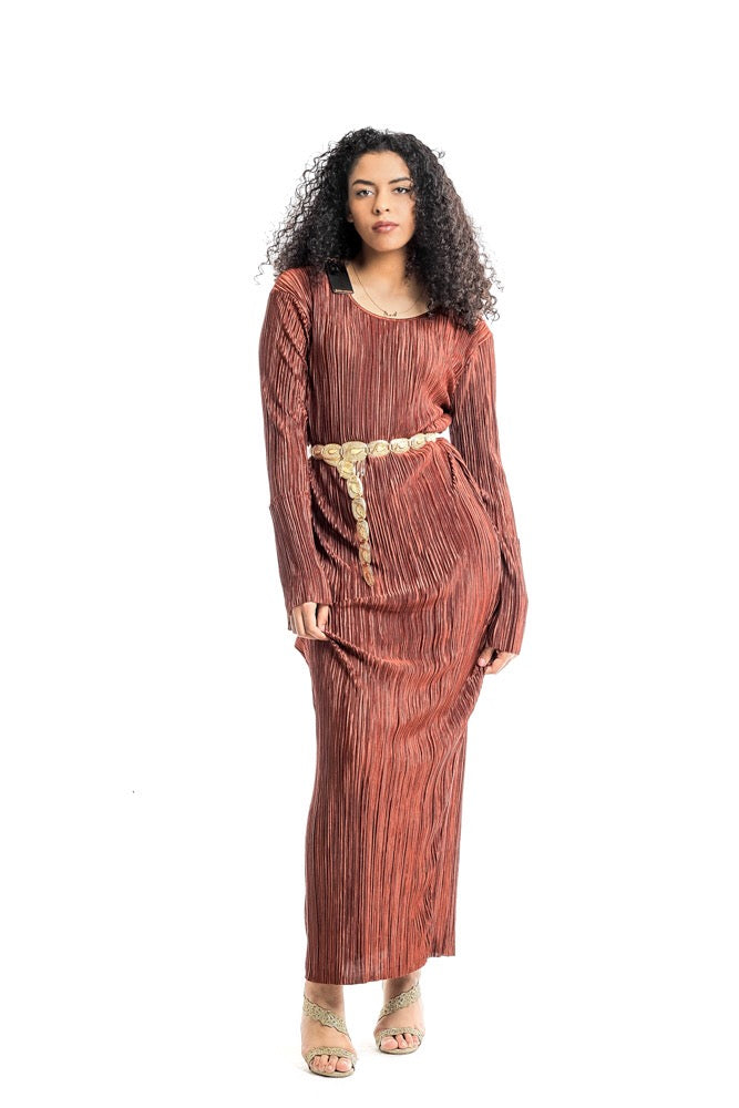 Burnt Orange Pleated Dress